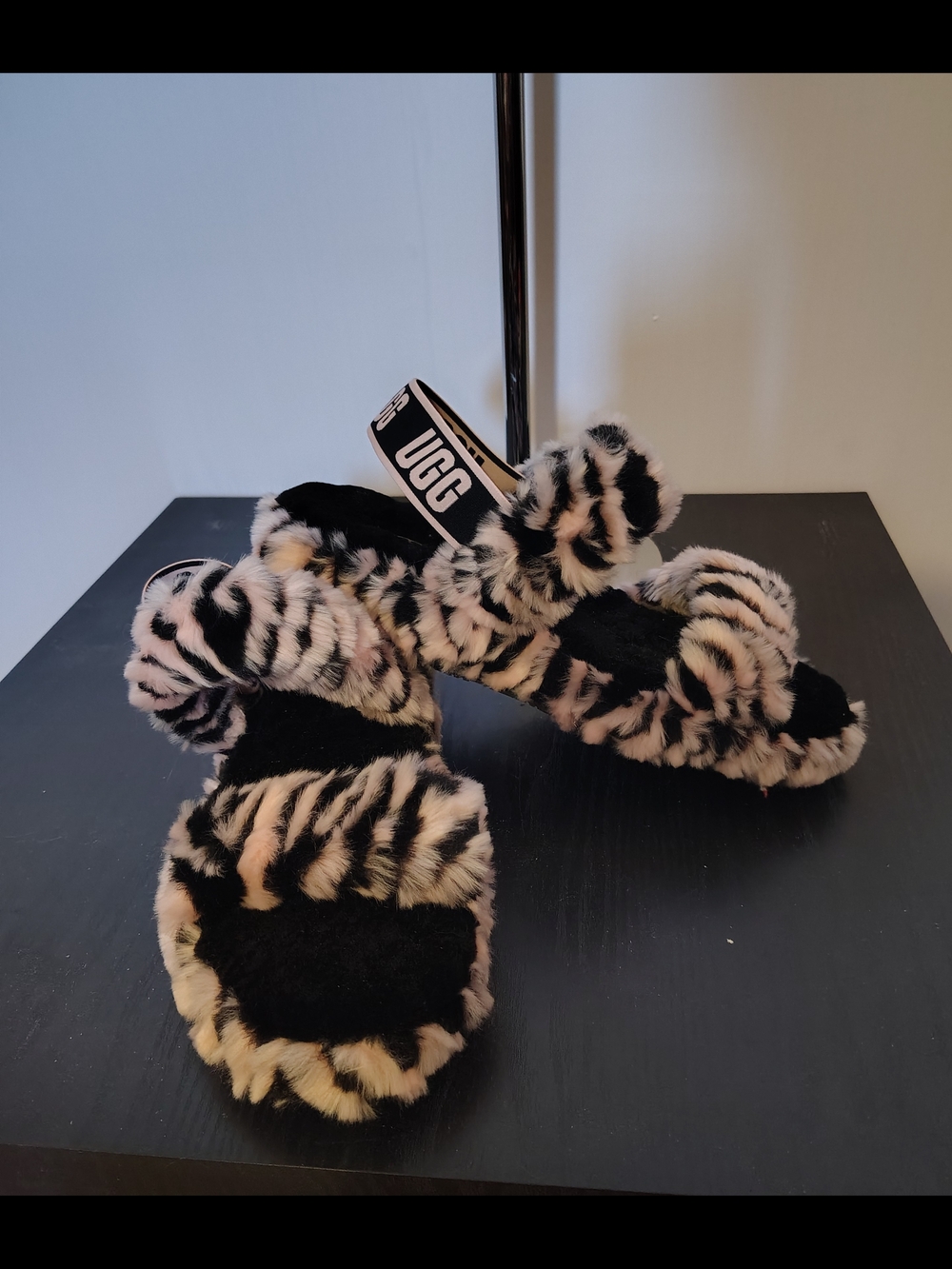 UGG Pink & Black Faux Fur Slide Sandals with Branded Heel Strap